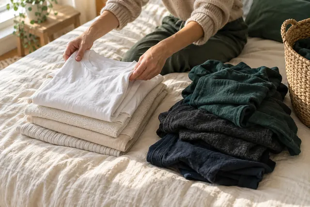 Mãos separando roupas claras e escuras sobre a cama.