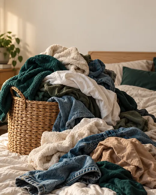 Pilha de roupa para lavar sobre a cama, ao lado de um cesto de palha.