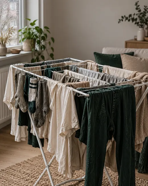 Varal de chão cheio de roupas secando dentro de casa.